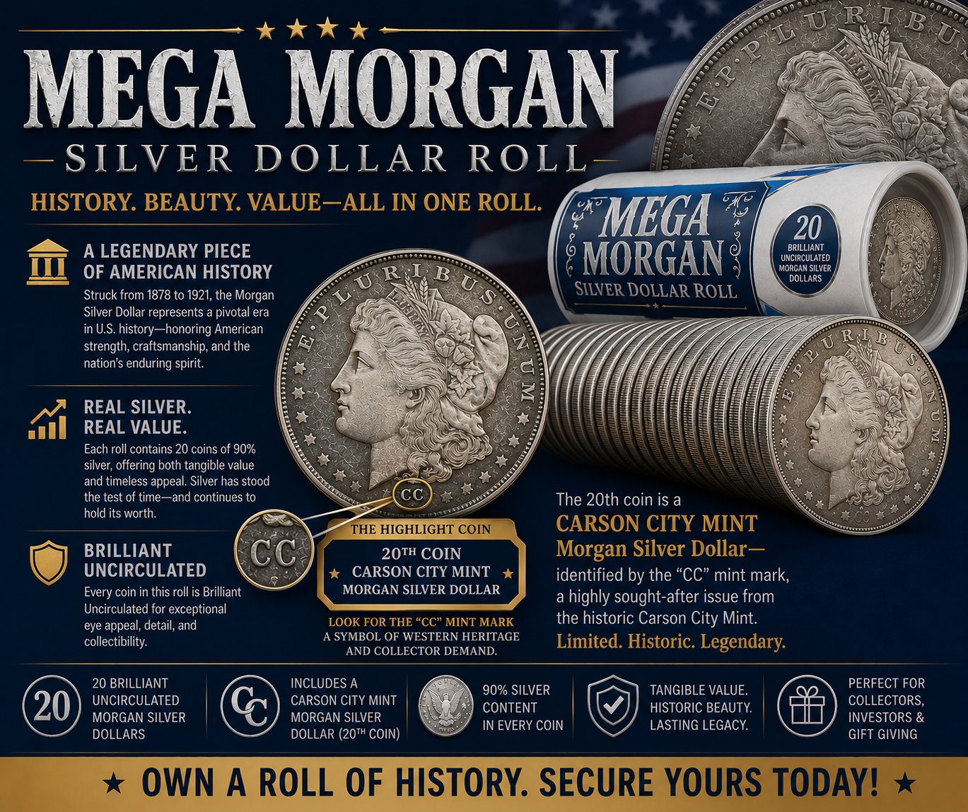 Mega Morgan Silver Dollar Roll — 20 Morgan Dollars with 1 Carson City Morgan